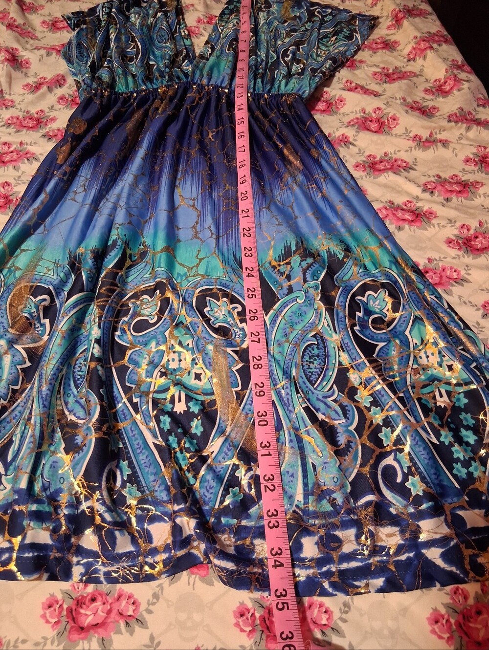 Shoreline Blue Teal and Gold Paisley V-Neck Maxi Dress - Picture 6 of 8